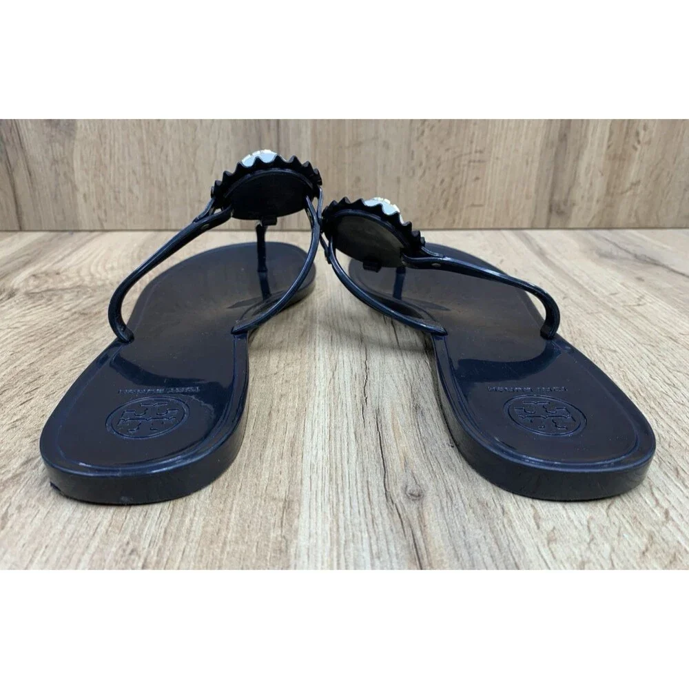 Tory Burch Jelly Thong Sandals Black Gold Logo Pearl Medallion Women's Size 9